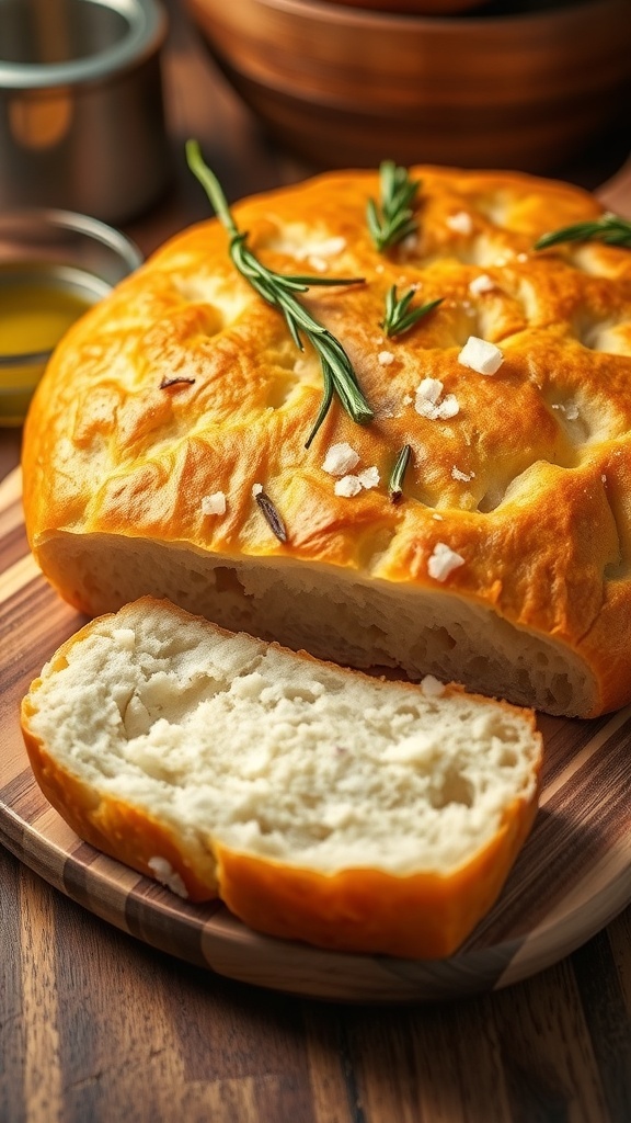 Slow Cooker Focaccia Bread Recipe Golden-brown focaccia bread topped with rosemary and sea salt on a cutting board.